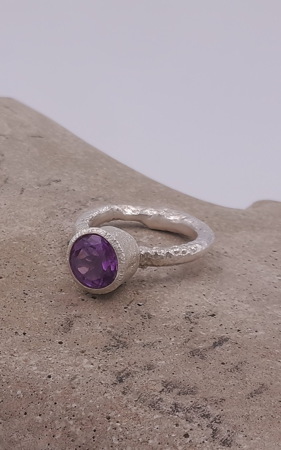 Forged Silver Ring with Faceted Purple Amethyst