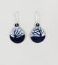 Navy and white oval teardrop dangle earrings in copper and enamel with trees - Image 2