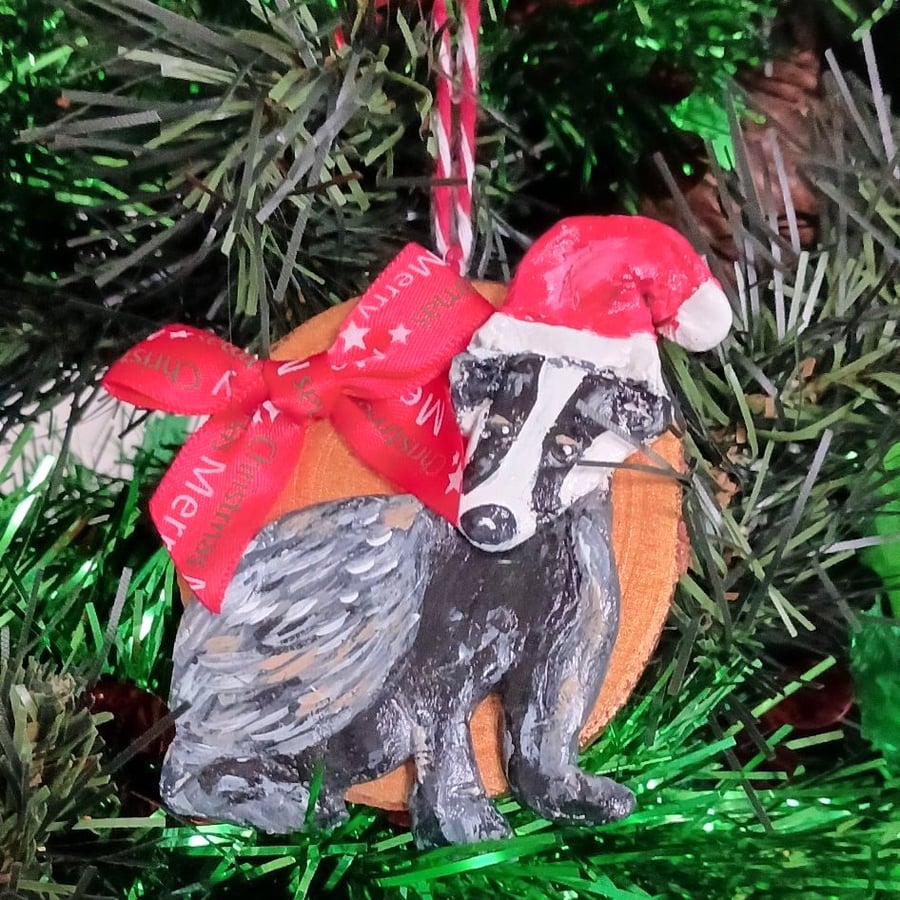 Christmas tree decoration, Badger with a santa hat made from airdry clay.  
