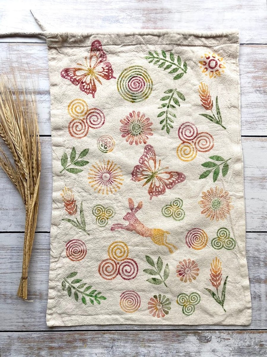 Large Block Printed Drawstring Bag Summer Hare