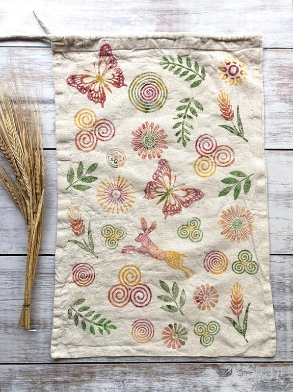 Large Block Printed Drawstring Bag Summer Hare