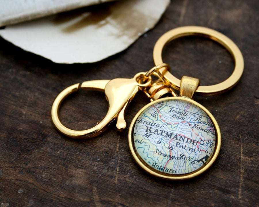 Gold Map Keychain; Personalized Gold sweetheart Gift Keyring 