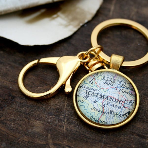 Gold Map Keychain; Personalized Gold sweetheart Gift Keyring 