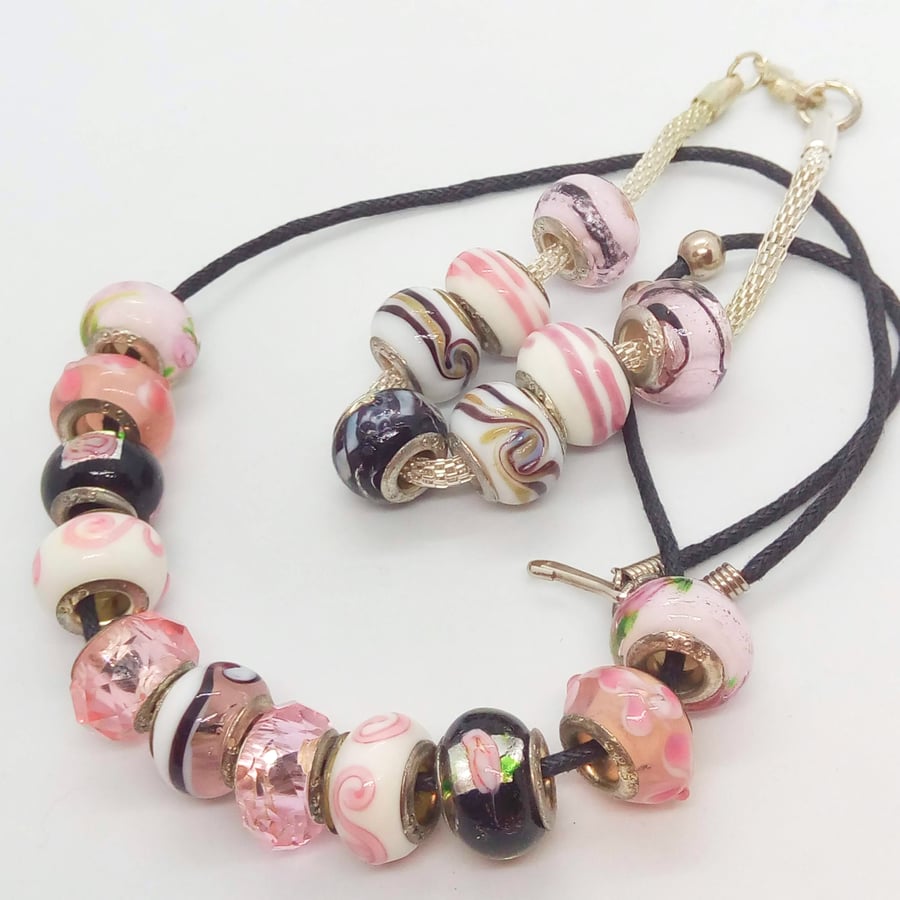 Pink Black and White Lampwork Bead Necklace and Bracelet Set, Gift for Her