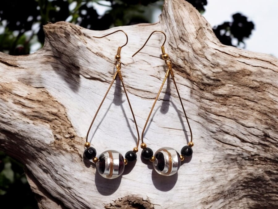 Stunning black and gold foiled earrings, boho jewellery