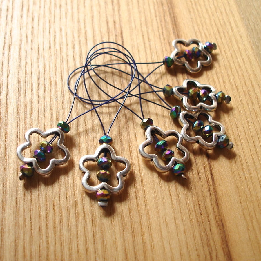 Large Metallic Crystal Flower Bead Knitting Stitch Markers pack of 6