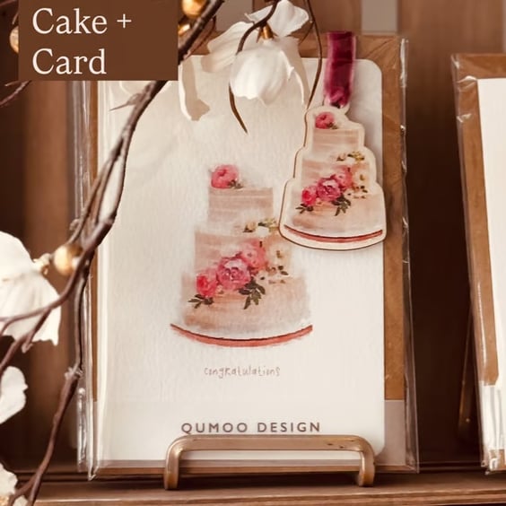 Wedding Cake Blank Greetings Card and wooden ornament (QM 3012)