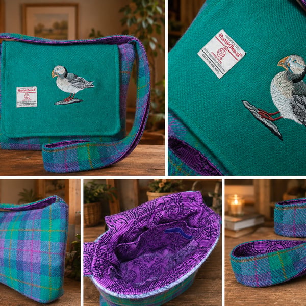 Harris Tweed Large crossbody bag with puffin 