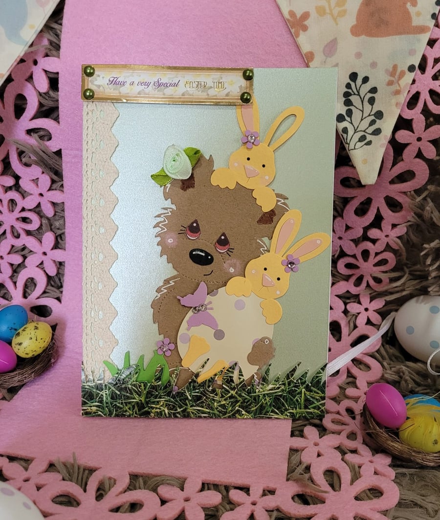 Easter Greeting Card - Cute Bear and Bunnies