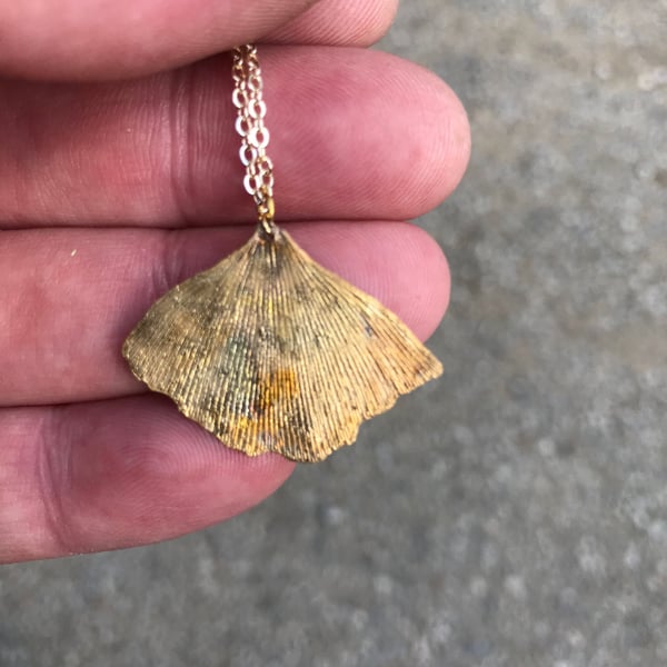 Ginkgo leaf pendant, Pure gold 24k electroform, 424