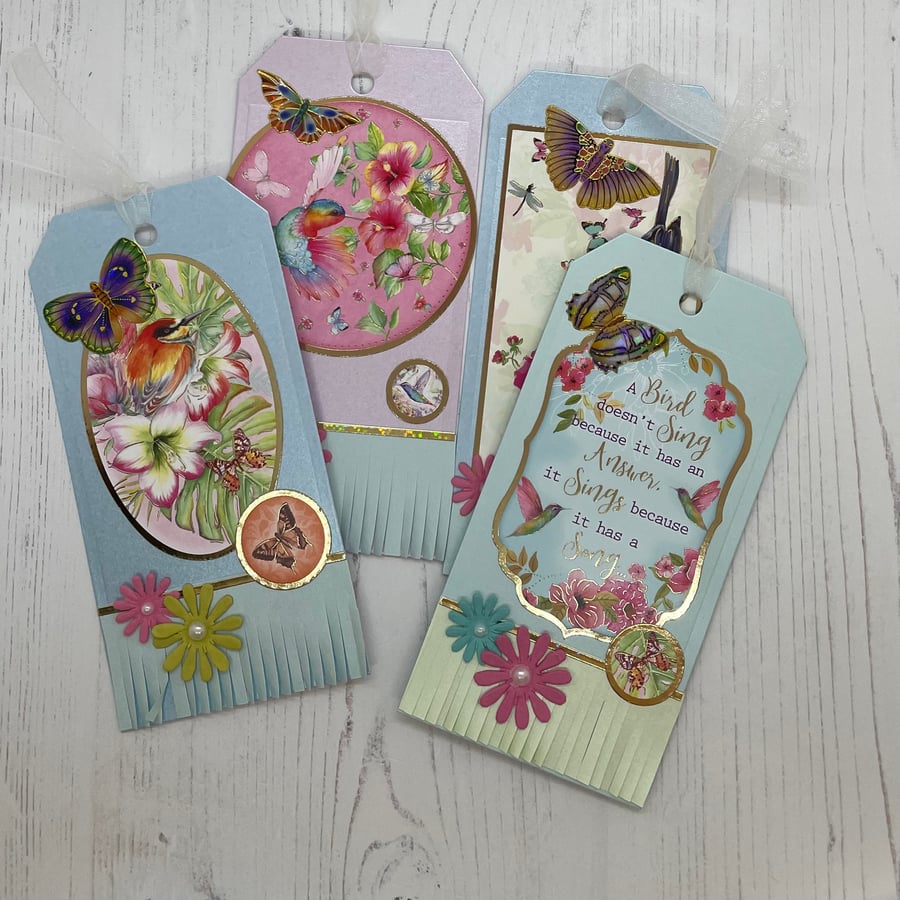 Set of 4 bird, butterfly and floral tags  PB