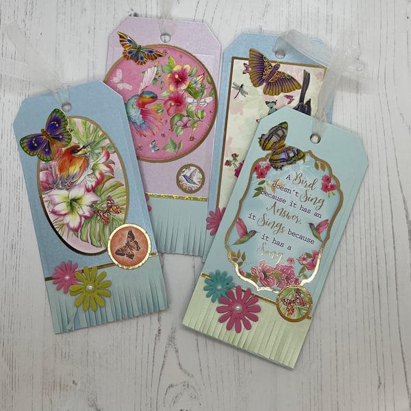 Set of 4 bird, butterfly and floral tags B7