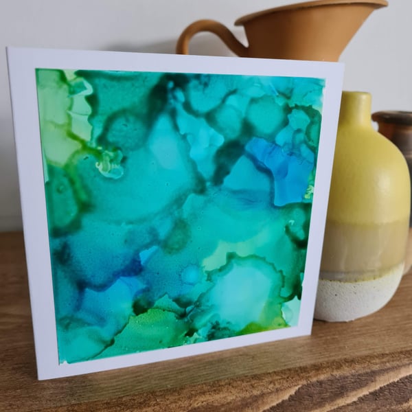 Original alcohol ink abstract art blue green teal greeting card handpainted card