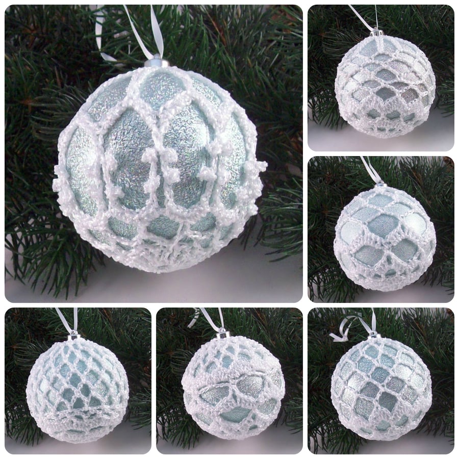Christmas baubles boxed set of 6 large decorated with crochet lace (A11)