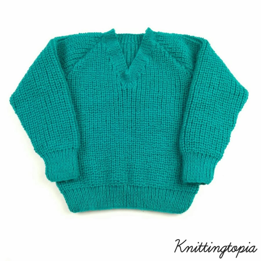 Hand Knitted Children's Green V Neck Jumper, 26" Chest, 6-7 Years Seconds Sunday