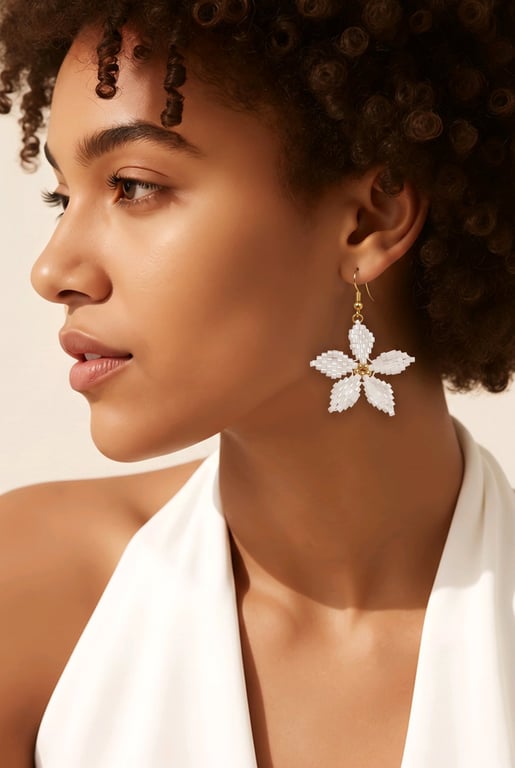 Pearl White Flower Earrings Miyuki Delica Beads Handmade Bridal Jewellery