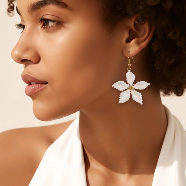 Pearl White Flower Earrings Miyuki Delica Beads Handmade Bridal Jewellery