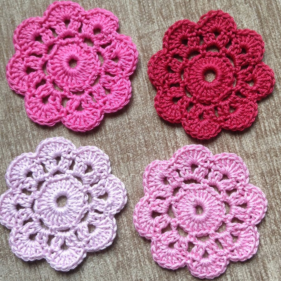 Crochet Flower Coasters a Set of 4 in Shades of Pink