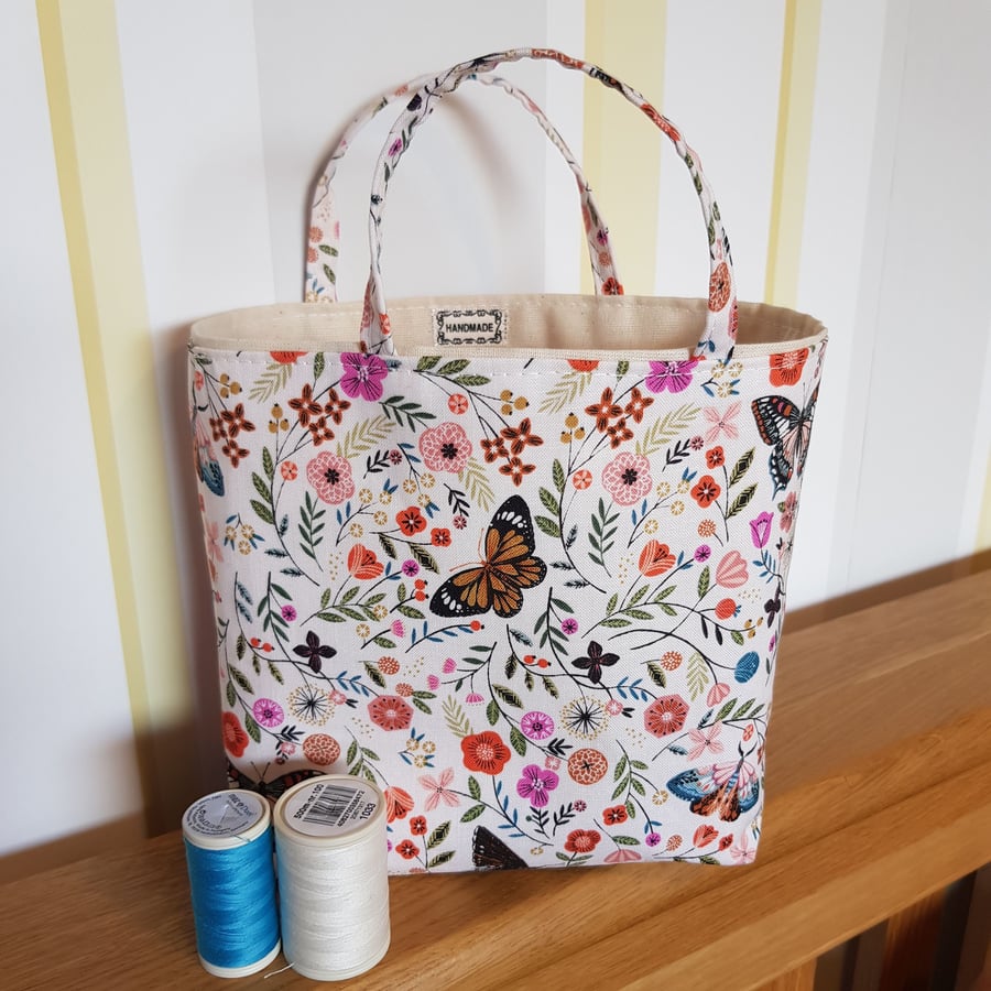 Reusable fabric gift bag: butterflies and floral design
