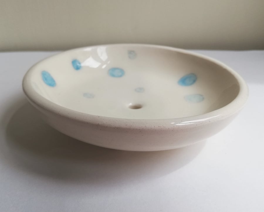 Handmade ceramic soap dish in off white with blue bubbles hand thrown pottery 