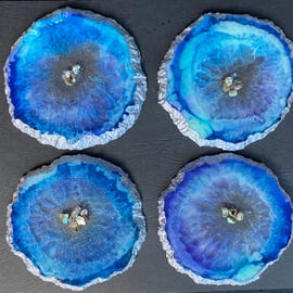 Handmade Turquoise and Purple Geode Style Resin Set of 4 Coasters