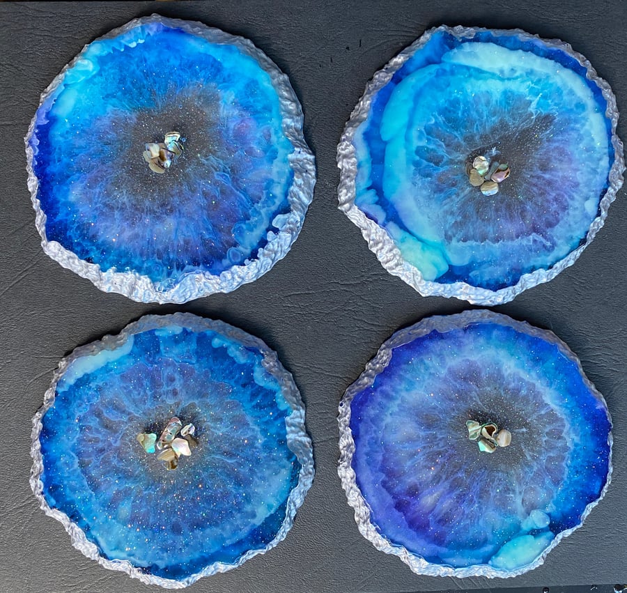 Handmade Turquoise and Purple Geode Style Resin Set of 4 Coasters