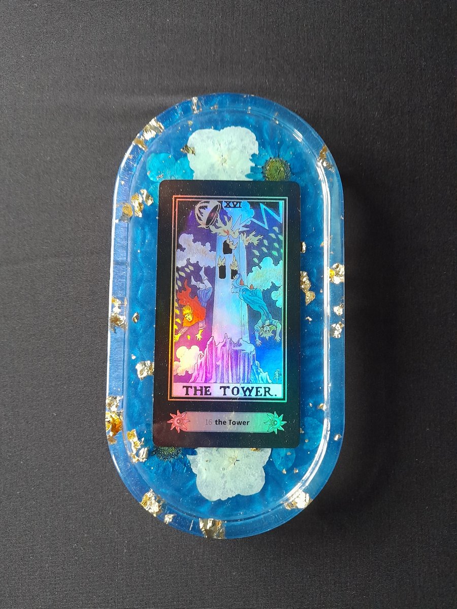 Oval Resin Trinket Tray With Encased 'The Tower' Tarot Card 