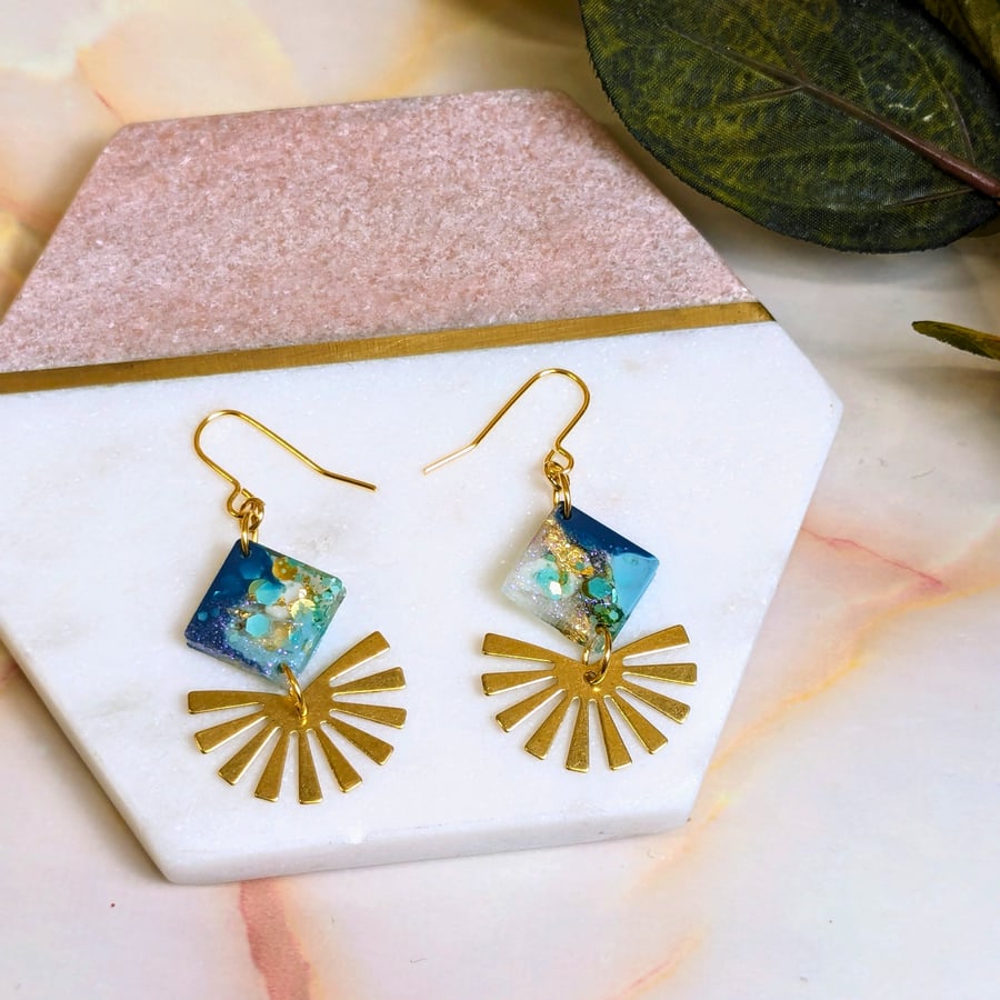 Handmade Teal Glitter Diamond Resin Earrings with Brass Sun Charm