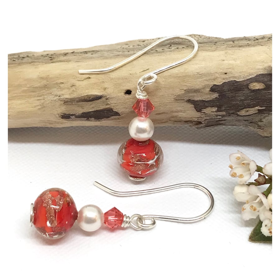 Sterling Silver Earrings, Murano Glass and Pearls, Orange, Gold and White