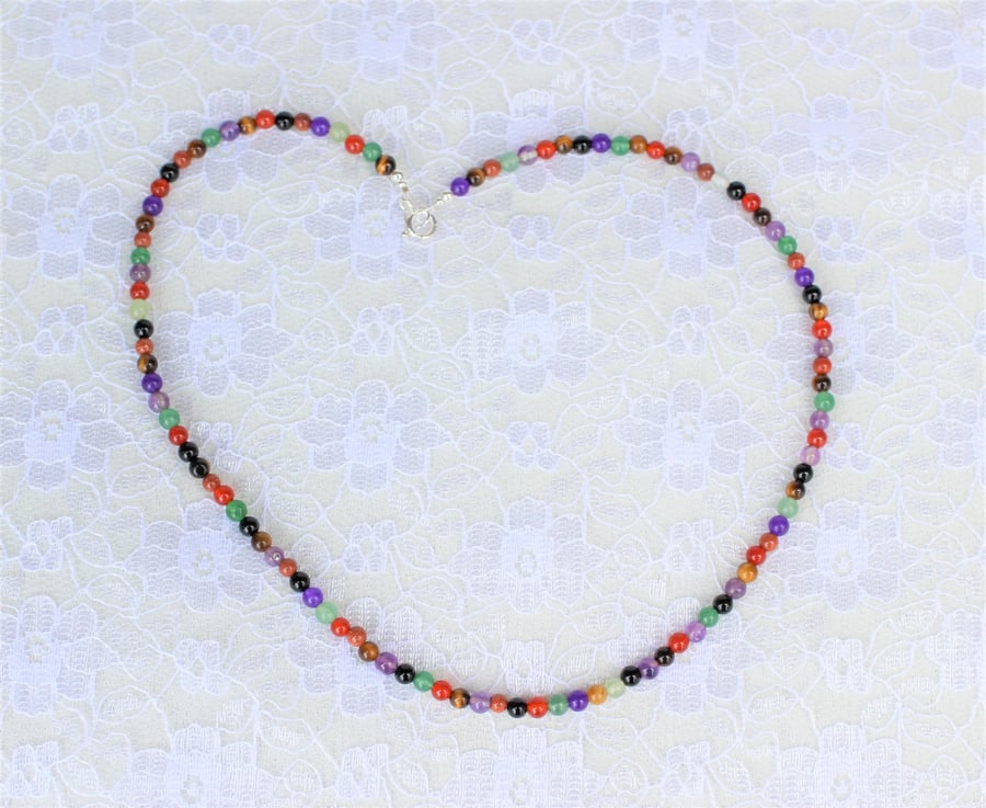 Mixed Gemstones Necklace, Sterling Silver