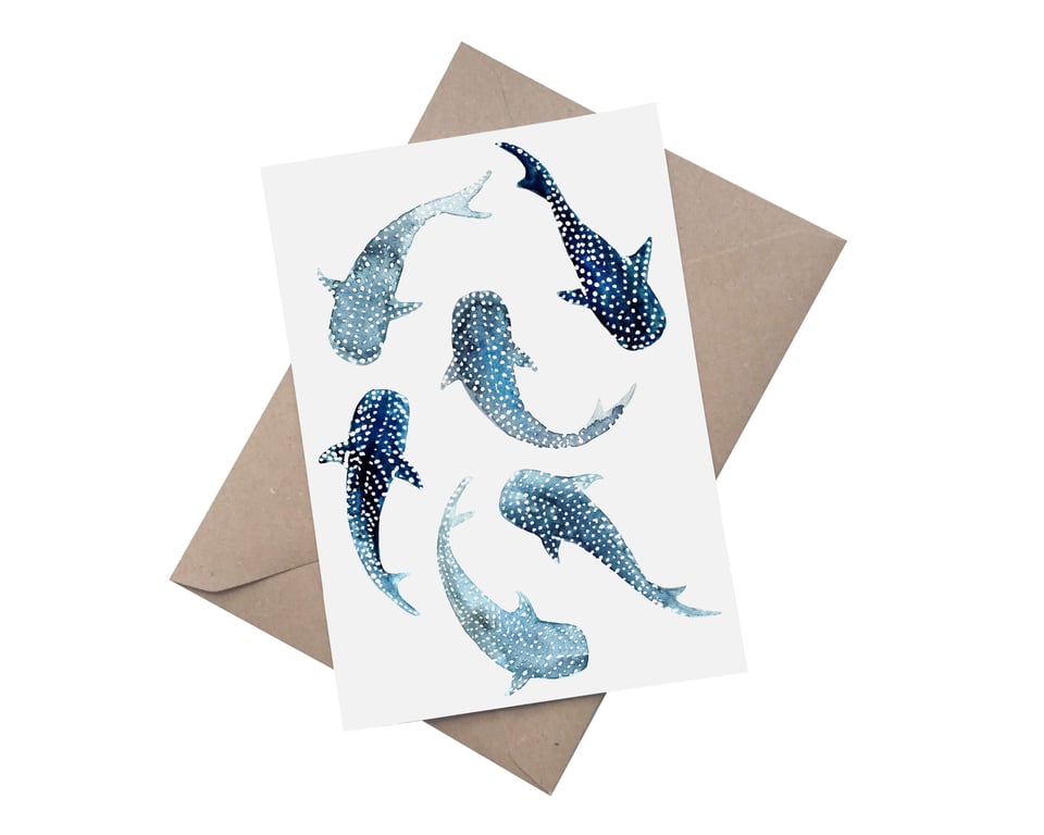 Watercolour Whale Sharks: A5 Blank Greetings Card 