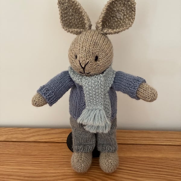 Knitted Rabbit in Blue Jumper and Grey Trousers 