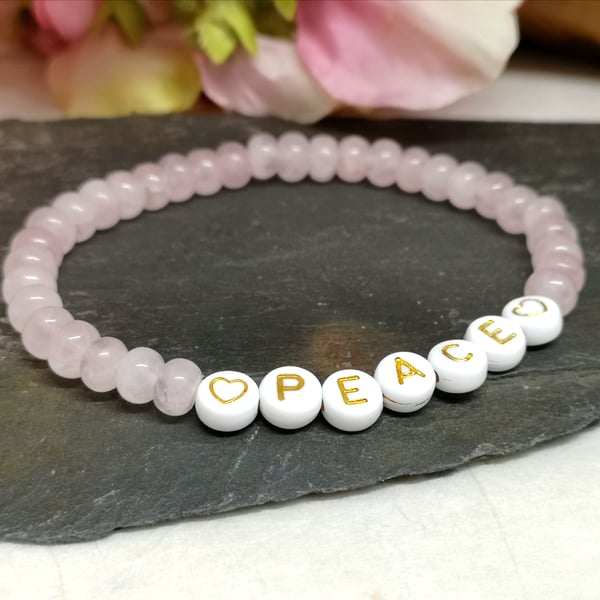 Rose quartz "peace" stretchy gemstone bracelet, manifestation, intention