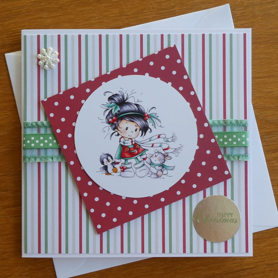 Happy Christmas Card - Little Girl with Penguin and Rabbit Christmas Card 