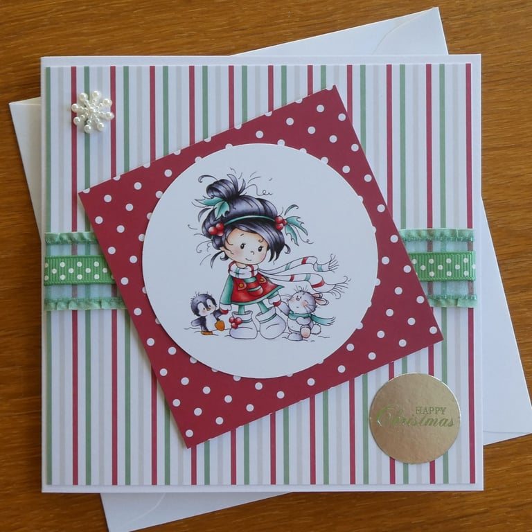 Happy Christmas Card - Little Girl with Penguin and Rabbit Christmas Card 