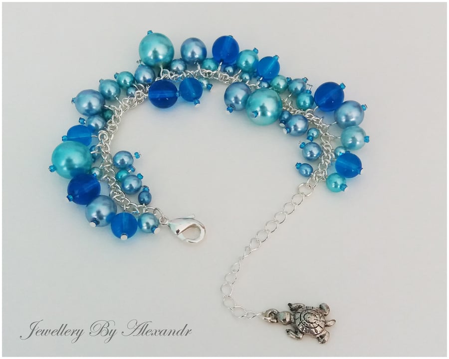 Cluster Bracelet-Blue with Turtle Charm