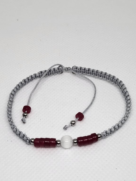 Carnelian and White Cats Eye Bracelet Adjustable Silver Cord Stainless Steel
