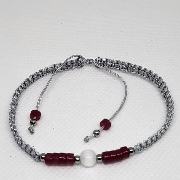 Carnelian and White Cats Eye Bracelet Adjustable Silver Cord Stainless Steel