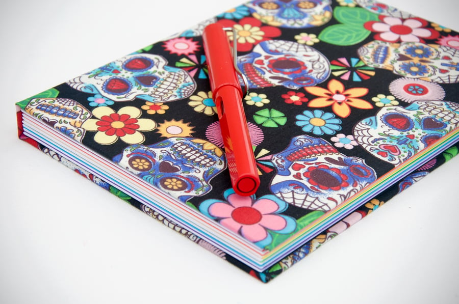 A5 hardback notebook with full cloth colourful skull cover