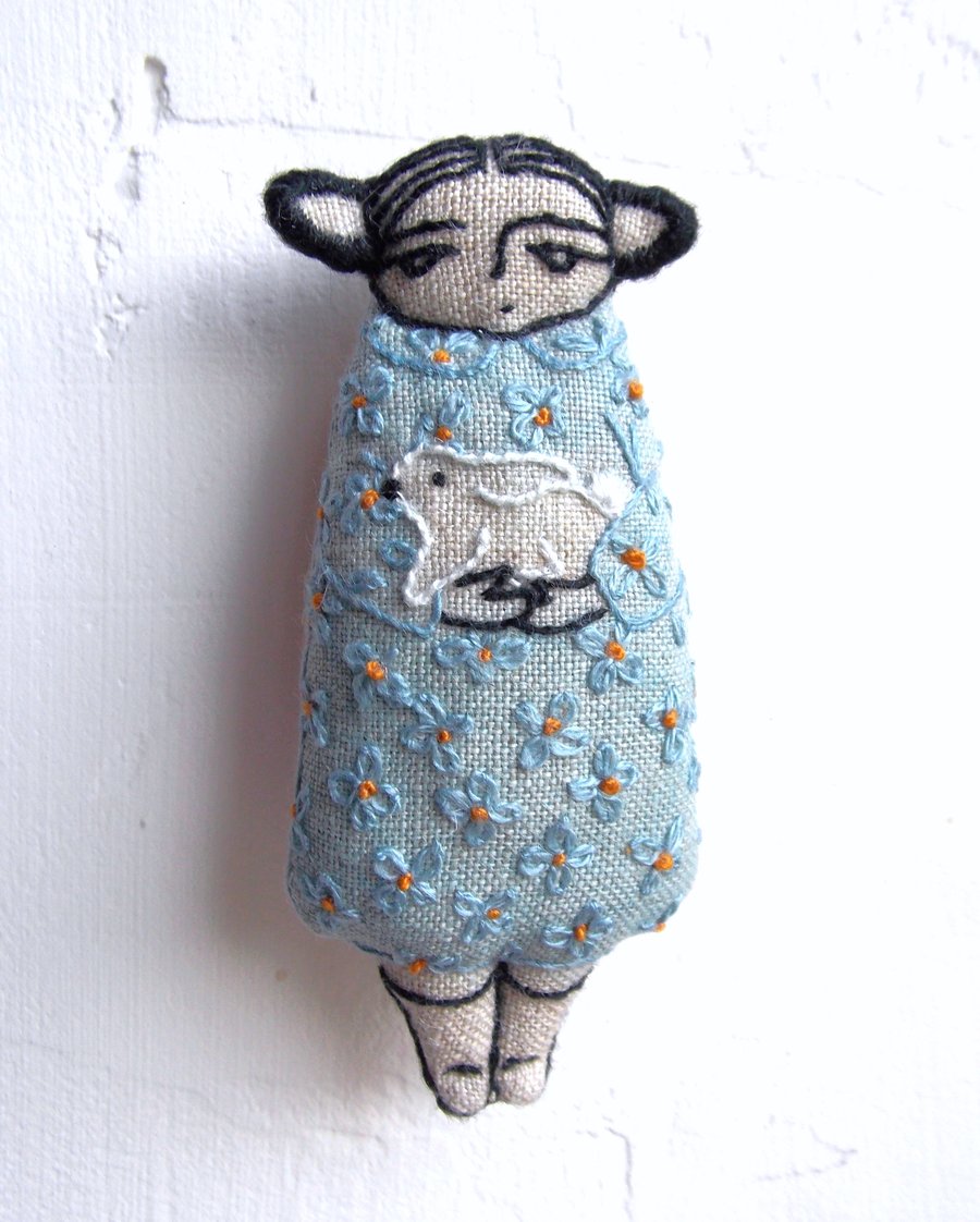 Gorse Fae with Rabbit - A Miniature Hand Embroidered Textile Art Doll - 7.5cms