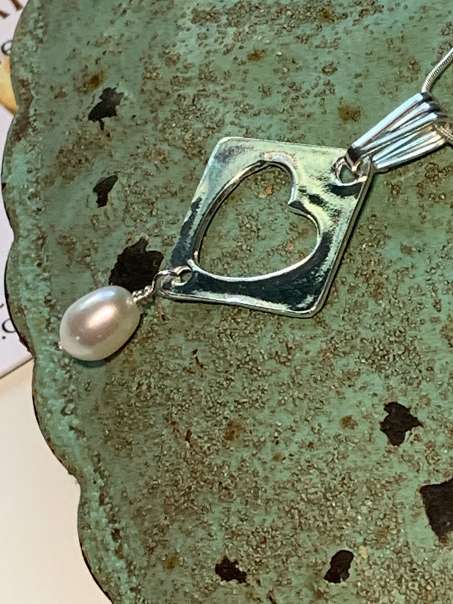 Handmade Fine Silver heart Pendant featuring a freshwater pearl  with 18" chain