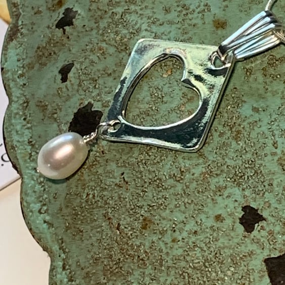 Handmade Fine Silver heart Pendant featuring a freshwater pearl  with 18" chain