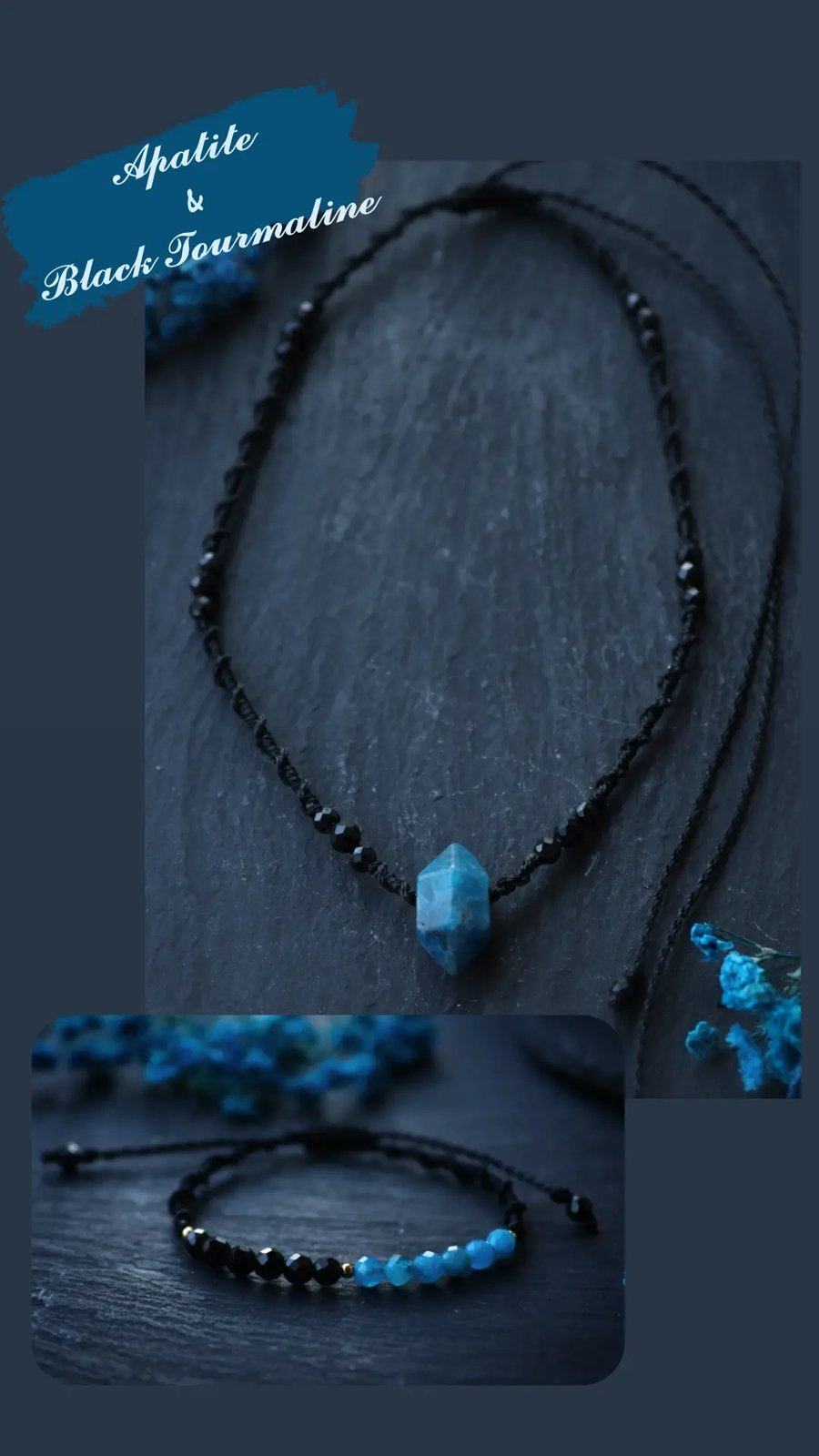 Women's adjustable set necklace and bracelet with Apatite and Tourmaline 