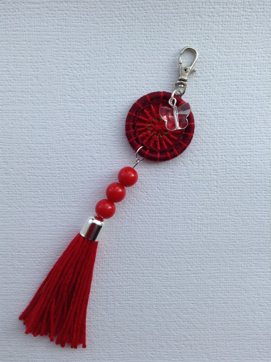 Dorset Button and Tassel Bag Charm in Red