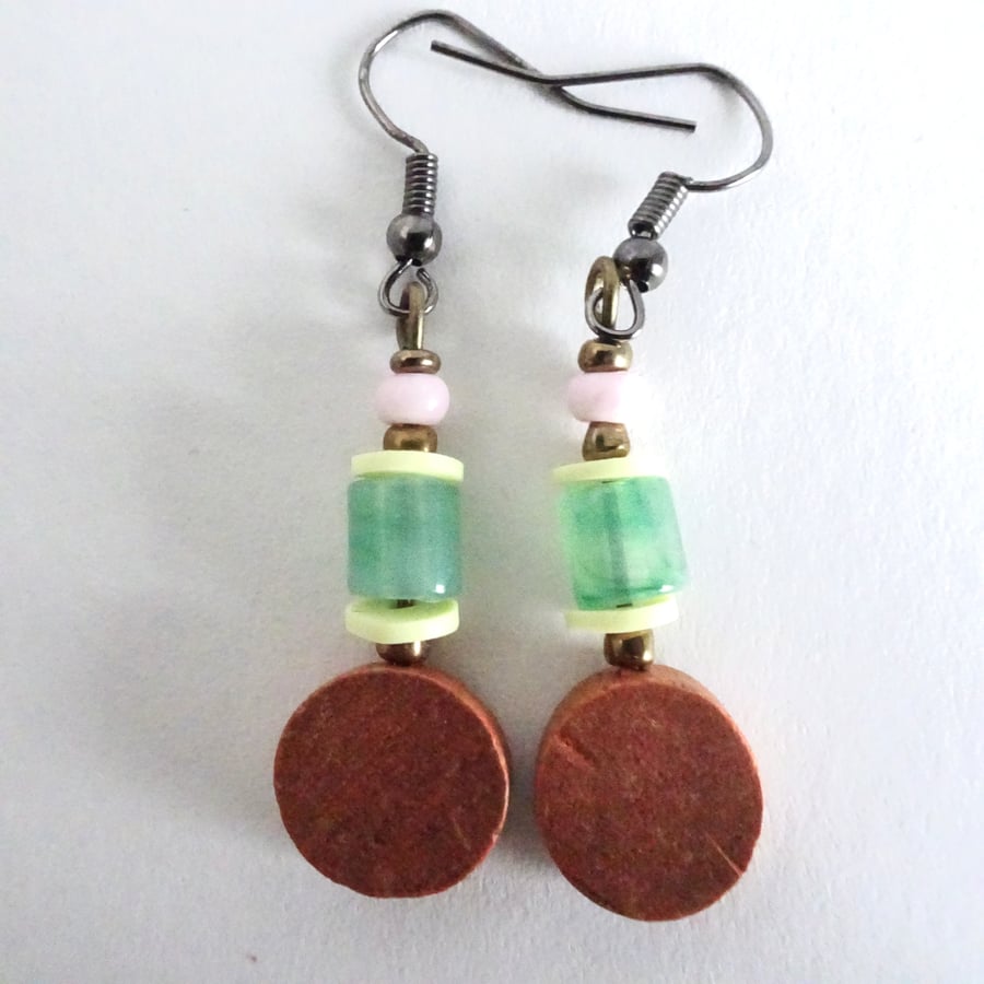 Perfectly Imperfect Seconds Brown Yellow Pink Green Bead Gold Dangle Earrings