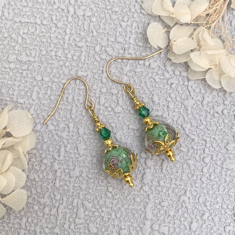 Vintage Style Green Glass and Gold Drop Earrings