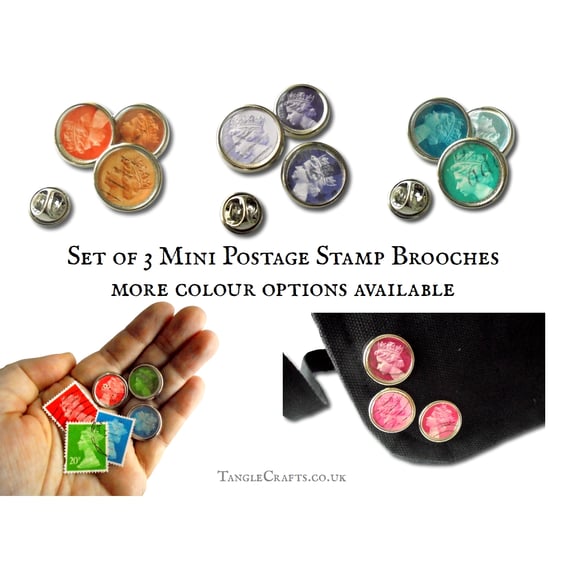 British Postage Stamp Brooch Set, Metal Lapel Pins - choice of colours