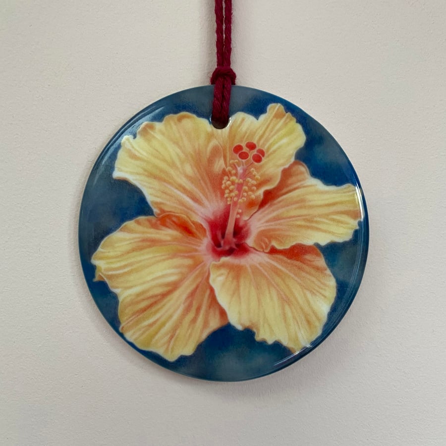 Circular Ceramic Hanging flower decoration - "Orange Hibiscus" - tropical flower