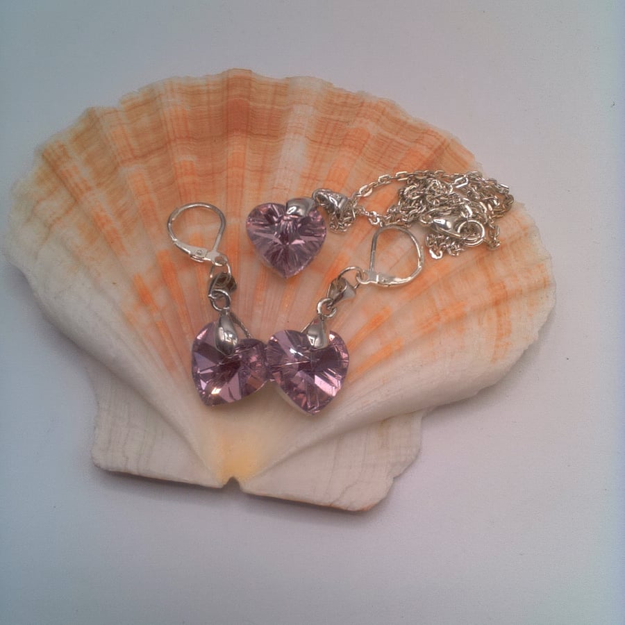 Sparkly Pink Crystal Heart Pendant on a Silver Chain with Matching Earrings