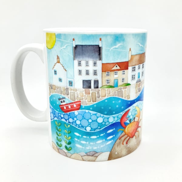 Crail Harbour and Crab Mug - Seaside Watercolour, Nautical Coastal Kitchen Decor